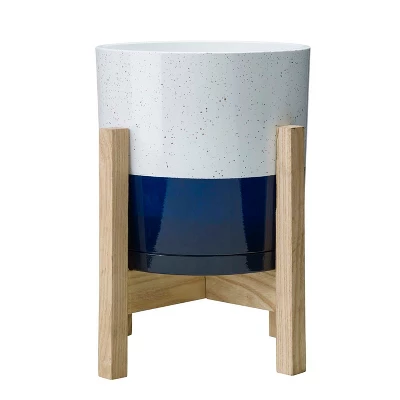 8" Henrietta Planter In White & Blue Two Tone Finish W/ Wood Stand - Southern Patio 2 8" Henrietta Planter In White & Blue Two Tone Finish W/ Wood Stand - Southern Patio - Image 2