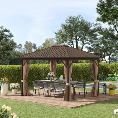 Outsunny 11.9" X 9.8" Hardtop Gazebo With Curtains And Netting, Permanent Pavilion Metal Roof Gazebo Canopy With Aluminum Frame And Top Hook, Brown 1 Outsunny 11.9" X 9.8" Hardtop Gazebo With Curtains And Netting, Permanent Pavilion Metal Roof Gazebo Canopy With Aluminum Frame And Top Hook, Brown