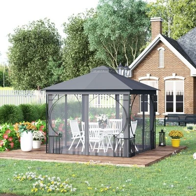 Outsunny 10' X 10' Patio Gazebo Canopy Outdoor Pavilion With Mesh Netting SideWalls, 2-Tier Polyester Roof, & Steel Frame, Dark Gray 1 Outsunny 10' X 10' Patio Gazebo Canopy Outdoor Pavilion With Mesh Netting SideWalls, 2-Tier Polyester Roof, & Steel Frame, Dark Gray