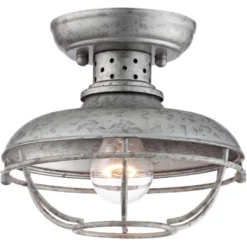Franklin Iron Works Rustic Farmhouse Semi Flush Mount Outdoor Ceiling Light Fixture Galvanized Cage 8 1/2" White Glass Damp Rated For Exterior Barn -Sunnydaze Decor Store GUEST 104cf7d7 5e66 4ed4 b73b c527573c0eeb