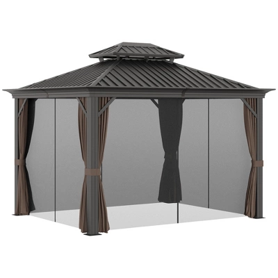 Outsunny Patio Gazebo 12' X 10', Netting & Curtains, Double Vented Steel Roof, Permanent Hardtop, Ceiling Hooks, Rust Proof Aluminum Frame, Dark Brown 3 Outsunny Patio Gazebo 12' X 10', Netting & Curtains, Double Vented Steel Roof, Permanent Hardtop, Ceiling Hooks, Rust Proof Aluminum Frame, Dark Brown - Image 3