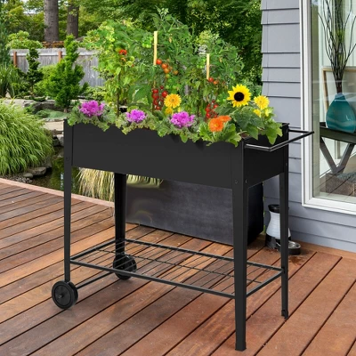Costway Raised Garden Bed Elevated Planter Box On Wheels Steel Planter W/Shelf 2 Costway Raised Garden Bed Elevated Planter Box On Wheels Steel Planter W/Shelf - Image 2