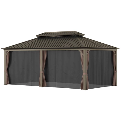 Outsunny Patio Gazebo 12' X 20', Netting & Curtains, 2 Tier Double Vented Steel Roof, Hardtop, Ceiling Hooks, Rust Proof Aluminum, Brown 3 Outsunny Patio Gazebo 12' X 20', Netting & Curtains, 2 Tier Double Vented Steel Roof, Hardtop, Ceiling Hooks, Rust Proof Aluminum, Brown - Image 3