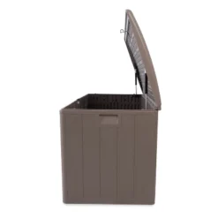 Plastic Development Group 105-Gallon Weather-Resistant Resin Outdoor Storage Patio Deck Box With Gas Shock Lid, Driftwood Gray