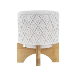 Sagebrook Home 6" Wide Ceramic Diamond Etched Flower Planter Pot With Wooden Stand Beige