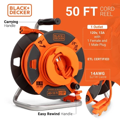 Black & Decker BLACK+DECKER 50' Garden Cord Reel 14AWG 4 Outlets 2 Black & Decker BLACK+DECKER 50' Garden Cord Reel 14AWG 4 Outlets - Image 2