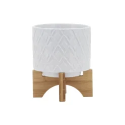 Sagebrook Home Diamond Pattern Round Ceramic Planter Pot With Wood Stand White