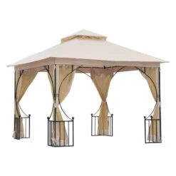Outsunny 10' X 10' Patio Gazebo Canopy Outdoor Pavilion With Mesh Netting SideWalls, 2-Tier Polyester Roof, & Steel Frame Beige 7 Outsunny 10' X 10' Patio Gazebo Canopy Outdoor Pavilion With Mesh Netting SideWalls, 2-Tier Polyester Roof, & Steel Frame Beige -Sunnydaze Decor Store GUEST 20b8e471 312f 493a 887e ab830f59a60c