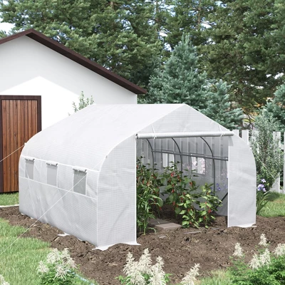 Outsunny 12' X 10' X 7' Walk-in Outdoor Tunnel Greenhouse, PE Cover, Steel Frame, Roll-Up Zipper Door & 6 Windows For Tropical Plants, White 2 Outsunny 12' X 10' X 7' Walk-in Outdoor Tunnel Greenhouse, PE Cover, Steel Frame, Roll-Up Zipper Door & 6 Windows For Tropical Plants, White - Image 2