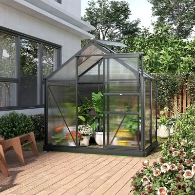 Outsunny Polycarbonate Greenhouse, Heavy Duty Outdoor Aluminum Walk-in Green House Kit With Vent & Door For Backyard Garden, Gray 1 Outsunny Polycarbonate Greenhouse, Heavy Duty Outdoor Aluminum Walk-in Green House Kit With Vent & Door For Backyard Garden, Gray