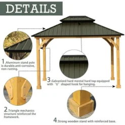 Aoodor Patio Solid Wooden Gazebo 10 X 12.36 Ft. Hardtop Roof 2 - Tier For Garden