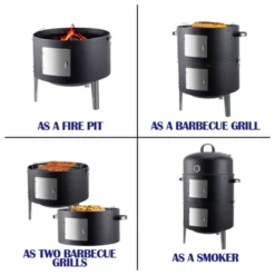 Realcook 17 Inch Vertical Heavy Duty Round Steel BBQ Charcoal Outdoor Smoker With Latch Locking System And Dual Entrance Doors, Black