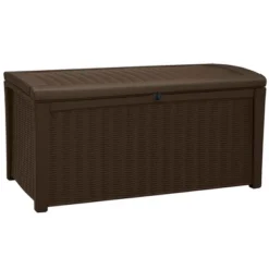 Keter Borneo 110 Gallon All Weather Weatherproof Rattan Wicker Resin Outdoor Backyard Patio Porch Deck Organization Storage Box Bench, Brown (2 Pack)