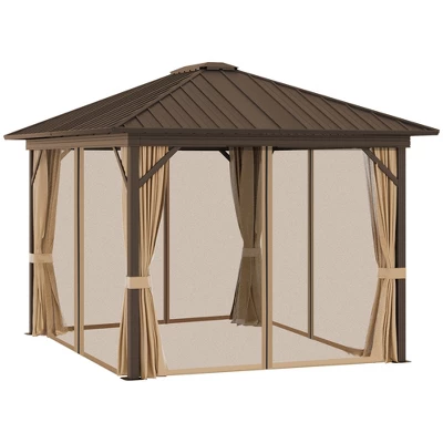Outsunny 11.9" X 9.8" Hardtop Gazebo With Curtains And Netting, Permanent Pavilion Metal Roof Gazebo Canopy With Aluminum Frame And Top Hook, Brown 4 Outsunny 11.9" X 9.8" Hardtop Gazebo With Curtains And Netting, Permanent Pavilion Metal Roof Gazebo Canopy With Aluminum Frame And Top Hook, Brown - Image 4