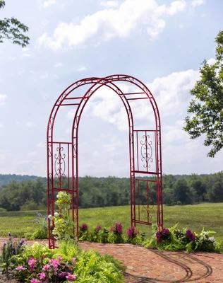 Evergreen Montebello Iron Garden Arbor, Americana Red- 53 X 84 X 23 Inches Fade And Weather Resistant Outdoor Decor 1 Evergreen Montebello Iron Garden Arbor, Americana Red- 53 X 84 X 23 Inches Fade And Weather Resistant Outdoor Decor