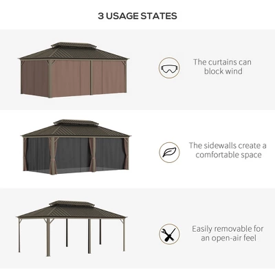 Outsunny Patio Gazebo 12' X 20', Netting & Curtains, 2 Tier Double Vented Steel Roof, Hardtop, Ceiling Hooks, Rust Proof Aluminum, Brown 4 Outsunny Patio Gazebo 12' X 20', Netting & Curtains, 2 Tier Double Vented Steel Roof, Hardtop, Ceiling Hooks, Rust Proof Aluminum, Brown - Image 4