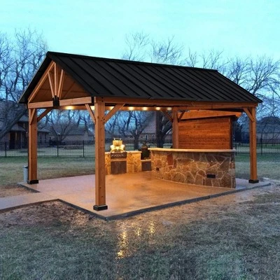 Outsunny 11x13 Hardtop Gazebo With Wooden Frame, Permanent Metal Roof Gazebo Canopy With Ceiling Hook For Garden, Patio, Backyard 2 Outsunny 11x13 Hardtop Gazebo With Wooden Frame, Permanent Metal Roof Gazebo Canopy With Ceiling Hook For Garden, Patio, Backyard - Image 2