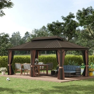 Outsunny Patio Gazebo 12' X 20', Netting & Curtains, 2 Tier Double Vented Steel Roof, Hardtop, Ceiling Hooks, Rust Proof Aluminum, Brown 2 Outsunny Patio Gazebo 12' X 20', Netting & Curtains, 2 Tier Double Vented Steel Roof, Hardtop, Ceiling Hooks, Rust Proof Aluminum, Brown - Image 2