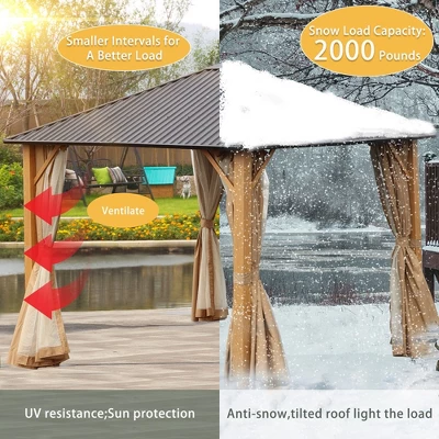 Aoodor Wood Grain Aluminum Gazebo Hardtop Black Steel Roof With Curtain&Netting 3 Aoodor Wood Grain Aluminum Gazebo Hardtop Black Steel Roof With Curtain&Netting - Image 3
