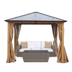 Aoodor Gazebo Polycarbonate Roof, Wooden Print Aluminum Frame With Mosquito Netting And Curtain -Sunnydaze Decor Store GUEST 3c1e4eed 634a 4782 b9e4 5e3718ae644c