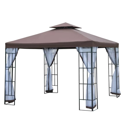 Outsunny 10'x10' Outdoor Gazebo, Double Tiered Canopy Tent With Mosquito Netting, And Steel Frame For Patio, Backyards And Parties, Coffee 3 Outsunny 10'x10' Outdoor Gazebo, Double Tiered Canopy Tent With Mosquito Netting, And Steel Frame For Patio, Backyards And Parties, Coffee - Image 3