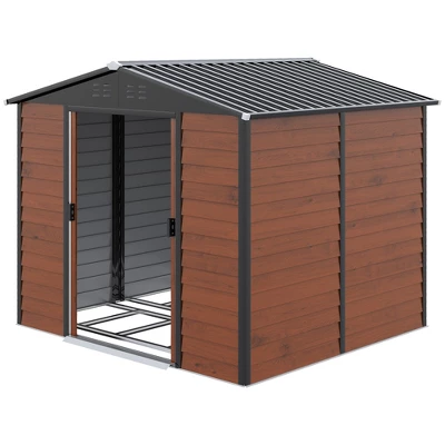 Outsunny 94.5" X 81" Outdoor Storage Shed, Galvanized Steel Metal Garden Shed With Double Sliding Lockable Door, Floor Frame, Vents, Teak 3 Outsunny 94.5" X 81" Outdoor Storage Shed, Galvanized Steel Metal Garden Shed With Double Sliding Lockable Door, Floor Frame, Vents, Teak - Image 3
