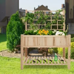 Costway Raised Garden Bed Elevated Wooden Planter Box With Trellis & Open Storage Shelf