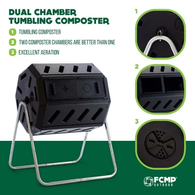 FCMP Outdoor IM4000 37 Gallon 8 Sided Plastic Dual Chamber Tumbling Composter Outdoor Elevated Rotating Garden Compost Bin, Black 1 FCMP Outdoor IM4000 37 Gallon 8 Sided Plastic Dual Chamber Tumbling Composter Outdoor Elevated Rotating Garden Compost Bin, Black