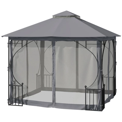 Outsunny 10' X 10' Patio Gazebo Canopy Outdoor Pavilion With Mesh Netting SideWalls, 2-Tier Polyester Roof, & Steel Frame, Dark Gray 3 Outsunny 10' X 10' Patio Gazebo Canopy Outdoor Pavilion With Mesh Netting SideWalls, 2-Tier Polyester Roof, & Steel Frame, Dark Gray - Image 3