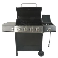 Grill Boss GBC1449M Outdoor BBQ 4 Burner Propane Gas Grill For Barbecue Cooking With Side Burner, Lid, Wheels, Shelves, & Bottle Opener, Black