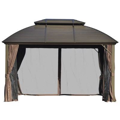 Outsunny 10' X 12' Hardtop Gazebo With Galvanized Steel Rounded Double Roof, Aluminum Frame, Pavilion Gazebo With Netting, Hooks, And Curtains, Brown 3 Outsunny 10' X 12' Hardtop Gazebo With Galvanized Steel Rounded Double Roof, Aluminum Frame, Pavilion Gazebo With Netting, Hooks, And Curtains, Brown - Image 3