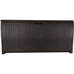 Suncast Trash Hideaway Resin Wicker Style Garbage Bin & 99 Gallon Deck Box, Java -Sunnydaze Decor Store GUEST 43c421de 42e4 43c6 9157 d54f0f84da77