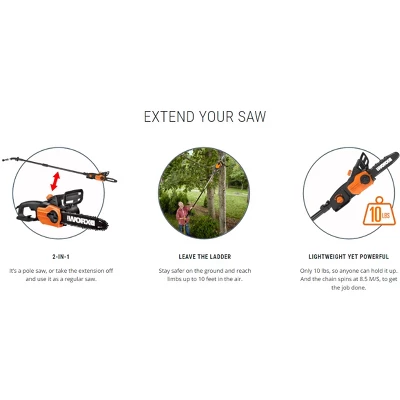 WG309 Worx 10" 2 In 1 Electric Chainsaw And Pole Saw Attachment With Auto-Tension, Rotating Handle And Safety Chain Brake 1 WG309 Worx 10" 2 In 1 Electric Chainsaw And Pole Saw Attachment With Auto-Tension, Rotating Handle And Safety Chain Brake