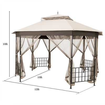 Costway 10'x12' Patio Gazebo Canopy Shelter Double Top Netting Sidewalls Beige 1 Costway 10'x12' Patio Gazebo Canopy Shelter Double Top Netting Sidewalls Beige