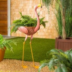 Evergreen 37"H Metal Flamingo Planter With Coco Liner- Fade And Weather Resistant Outdoor Decoration For Homes, Yards And Gardens