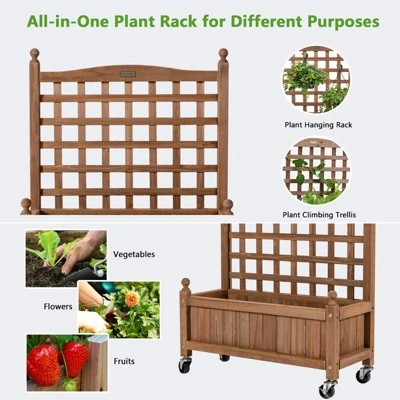 Tangkula 32in Wood Planter Box With Trellis And Wheels Mobile Plant Raised Bed For Indoor&Outdoor 3 Tangkula 32in Wood Planter Box With Trellis And Wheels Mobile Plant Raised Bed For Indoor&Outdoor - Image 3