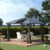 Outsunny Hardtop Polycarbonate Gazebo Canopy Aluminum Frame Pergola With Top Vent And Netting For Garden, Patio, Grey