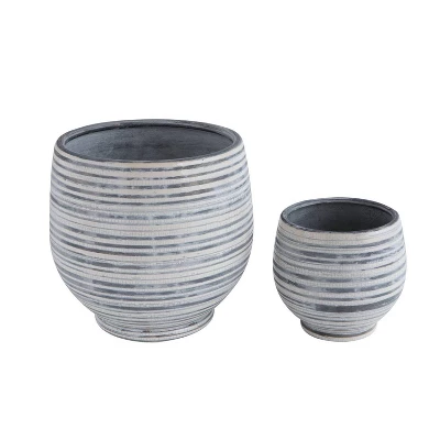 Stoneware Planter Gray And White Striped - Storied Home 3 Stoneware Planter Gray And White Striped - Storied Home - Image 3