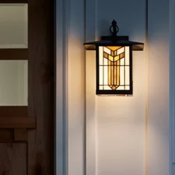 11.75" 1-Light Prairie Craftsman Style Stained Glass Outdoor Lantern Wall Sconce Bronze - River Of Goods