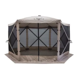 Gazelle Tents G6 8 Person 12' X 12' Pop Up 6 Sided Portable Hub Gazebo Screen Canopy Tent With Large Main Door, Wind Panels, And Screens, Desert Sand