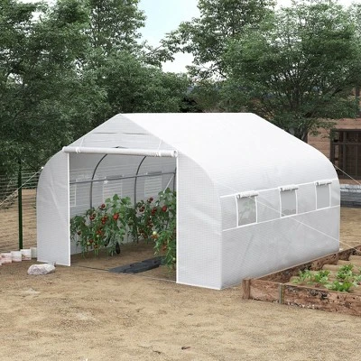 Outsunny 12' X 10' X 7' Walk-in Outdoor Tunnel Greenhouse, PE Cover, Steel Frame, Roll-Up Zipper Door & 6 Windows For Tropical Plants, White 1 Outsunny 12' X 10' X 7' Walk-in Outdoor Tunnel Greenhouse, PE Cover, Steel Frame, Roll-Up Zipper Door & 6 Windows For Tropical Plants, White