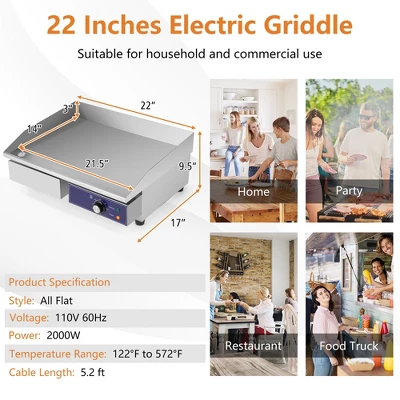 Costway 22'' Commercial Electric Griddle 110V 2000W Flat Top Countertop Grill 122℉-572℉ 2 Costway 22'' Commercial Electric Griddle 110V 2000W Flat Top Countertop Grill 122℉-572℉ - Image 2