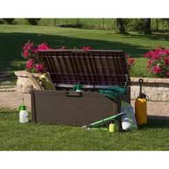 Toomax Santorini Plus Lockable Deck Storage Box Bench For Outdoor Pool Patio Garden Furniture & Indoor Toy Bin Container, 145 Gallon (Brown) -Sunnydaze Decor Store GUEST 54e0ef1e 5c30 4507 bc63 27c07153d04a