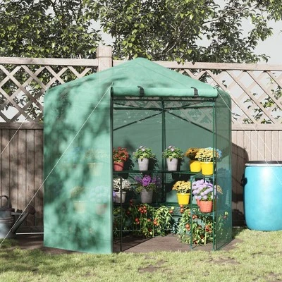 Outsunny Walk-in Greenhouse Outdoor 3 Tier 10 Shelf Warm House Garden Hexagonal Hot House With Roll-Up Zipper Door & Steel Frame 2 Outsunny Walk-in Greenhouse Outdoor 3 Tier 10 Shelf Warm House Garden Hexagonal Hot House With Roll-Up Zipper Door & Steel Frame - Image 2