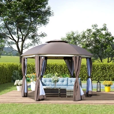 Outsunny 12' X 12' Round Outdoor Gazebo, Patio Dome Gazebo Canopy Shelter With Double Roof, Netting Sidewalls And Curtains, Zippered Doors, Strong Steel Frame 2 Outsunny 12' X 12' Round Outdoor Gazebo, Patio Dome Gazebo Canopy Shelter With Double Roof, Netting Sidewalls And Curtains, Zippered Doors, Strong Steel Frame - Image 2