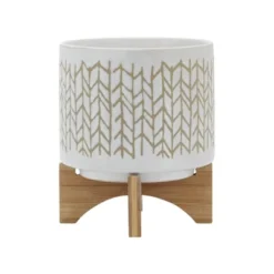Sagebrook Home 8" Wide Chevron Planter Pot With Wood Stand Beige