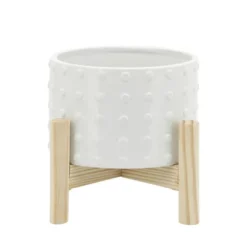 Sagebrook Home With Wood Stand Dotted Ceramic Planter Pots White -Sunnydaze Decor Store GUEST 59866887 bc0c 4223 b7ca f052a1aed581