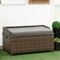 Sunnydaze Decor Store 43 Outsunny Storage Bench Rattan Wicker Garden Deck Box Bin With Interior Waterproof Bag And Comfy Cushion, Gray