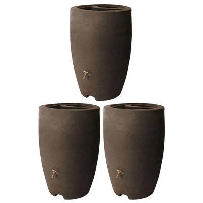 Algreen Athena 50 Gallon Plastic Outdoor Rain Barrel With Brass Spigot And Screen Guard For Rain Water Collection And Storage, Brownstone (3 Pack) 1 Algreen Athena 50 Gallon Plastic Outdoor Rain Barrel With Brass Spigot And Screen Guard For Rain Water Collection And Storage, Brownstone (3 Pack)