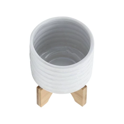 6" Ceramic Planter On Stand White Stripe - Sagebrook Home 3 6" Ceramic Planter On Stand White Stripe - Sagebrook Home - Image 3